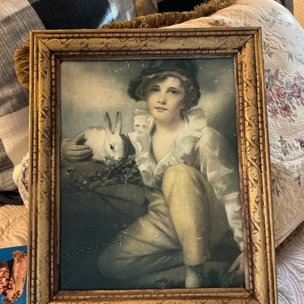 Vintage Framed print Boy and Rabbit Art